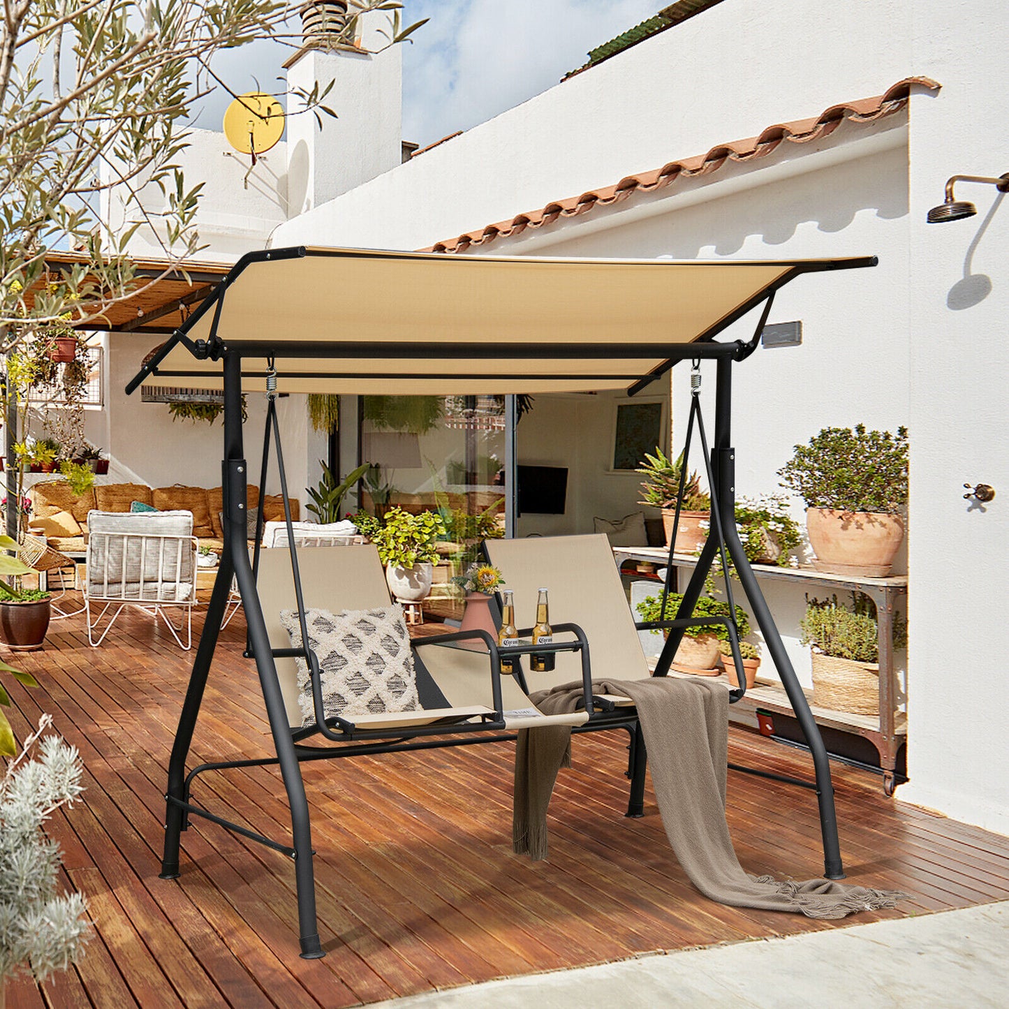 2-Seat Outdoor Cushioned Porch Swing with Adjustable Canopy and Tempered Glass Table-Beige Kids Crystal