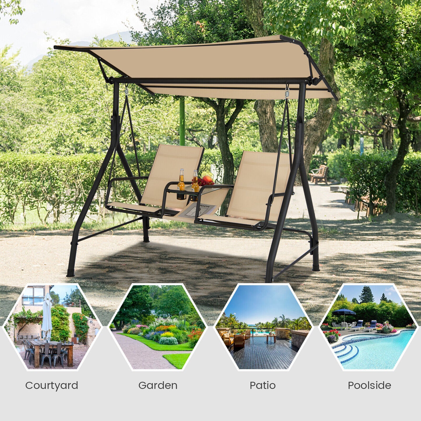 2-Seat Outdoor Cushioned Porch Swing with Adjustable Canopy and Tempered Glass Table-Beige Kids Crystal