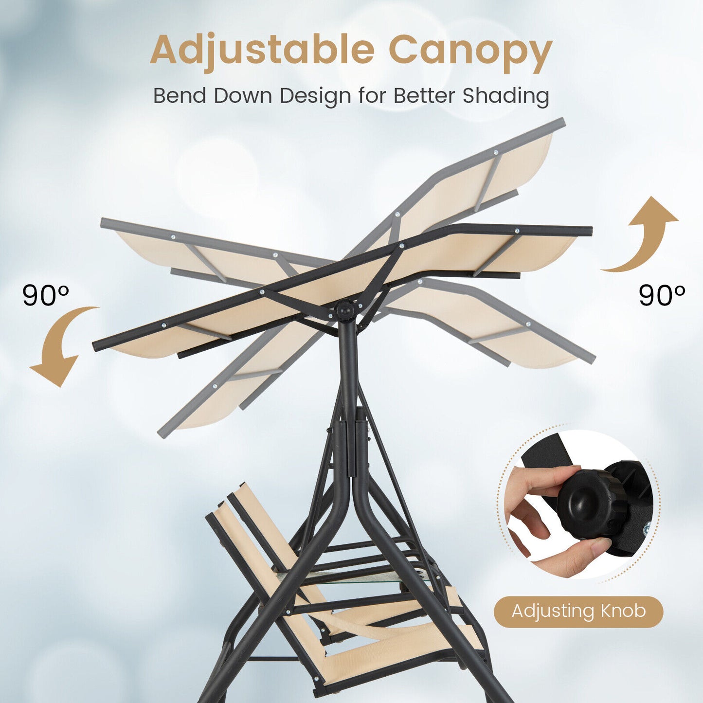2-Seat Outdoor Cushioned Porch Swing with Adjustable Canopy and Tempered Glass Table-Beige Kids Crystal