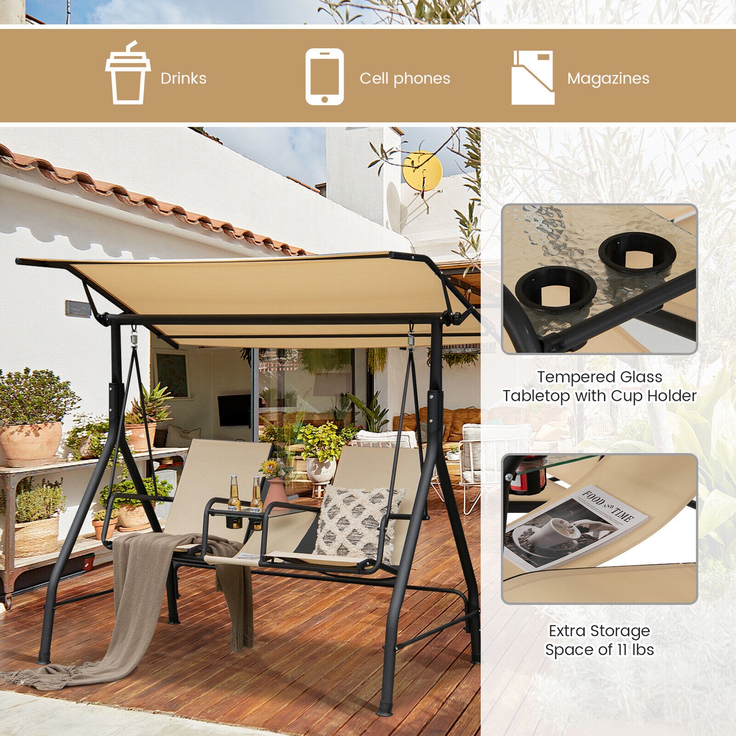 2-Seat Outdoor Cushioned Porch Swing with Adjustable Canopy and Tempered Glass Table-Beige Kids Crystal