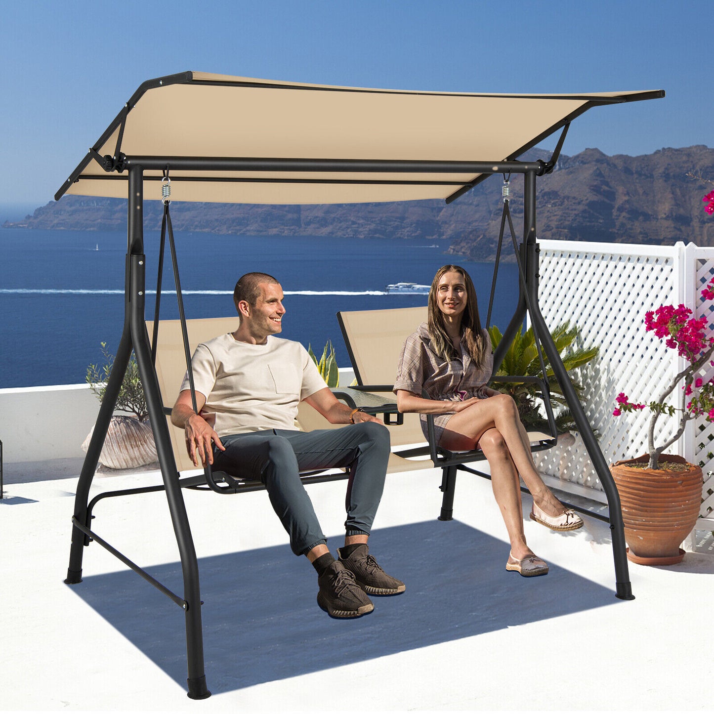 2-Seat Outdoor Cushioned Porch Swing with Adjustable Canopy and Tempered Glass Table-Beige Kids Crystal