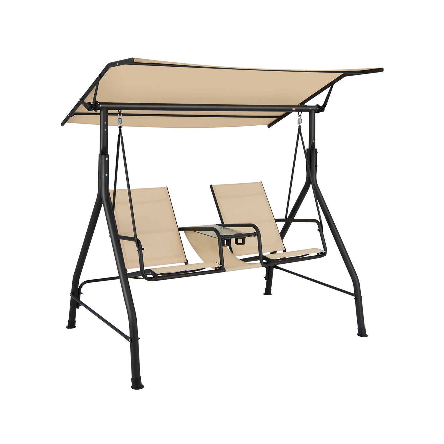 2-Seat Outdoor Cushioned Porch Swing with Adjustable Canopy and Tempered Glass Table-Beige Kids Crystal