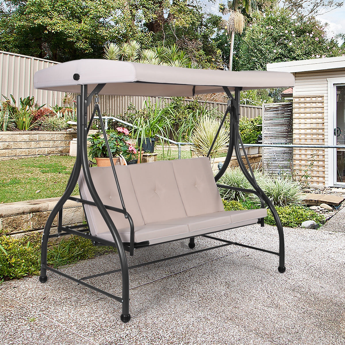 3 Seats Converting Outdoor Swing Canopy Hammock with Adjustable Tilt Canopy-Beige Kids Crystal