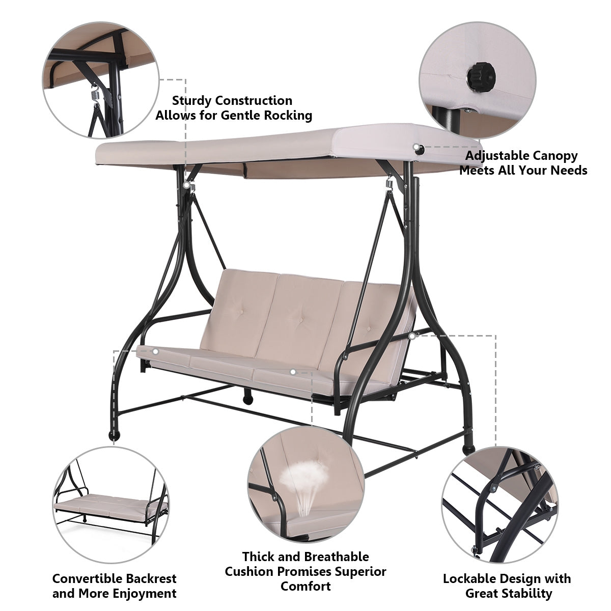 3 Seats Converting Outdoor Swing Canopy Hammock with Adjustable Tilt Canopy-Beige Kids Crystal
