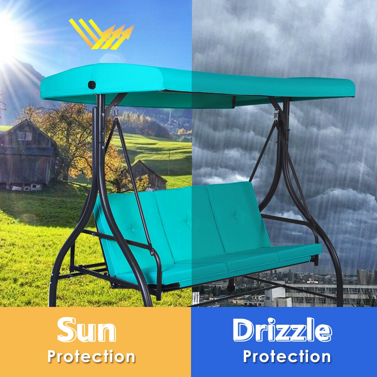 3 Seats Converting Outdoor Swing Canopy Hammock with Adjustable Tilt Canopy-Turquoise Kids Crystal