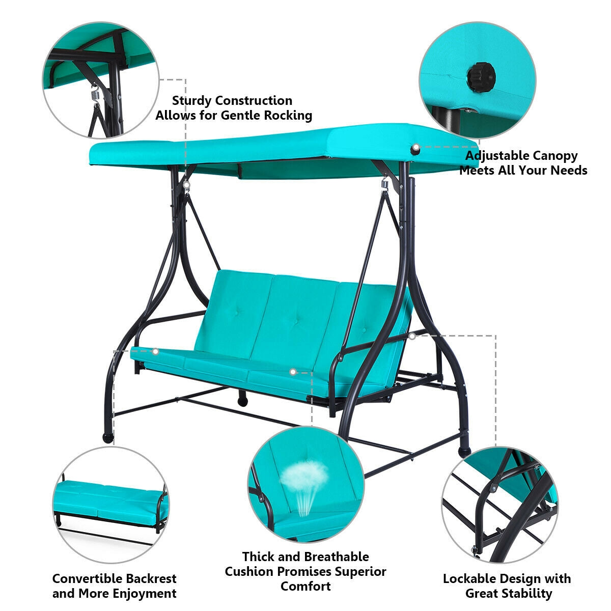 3 Seats Converting Outdoor Swing Canopy Hammock with Adjustable Tilt Canopy-Turquoise Kids Crystal