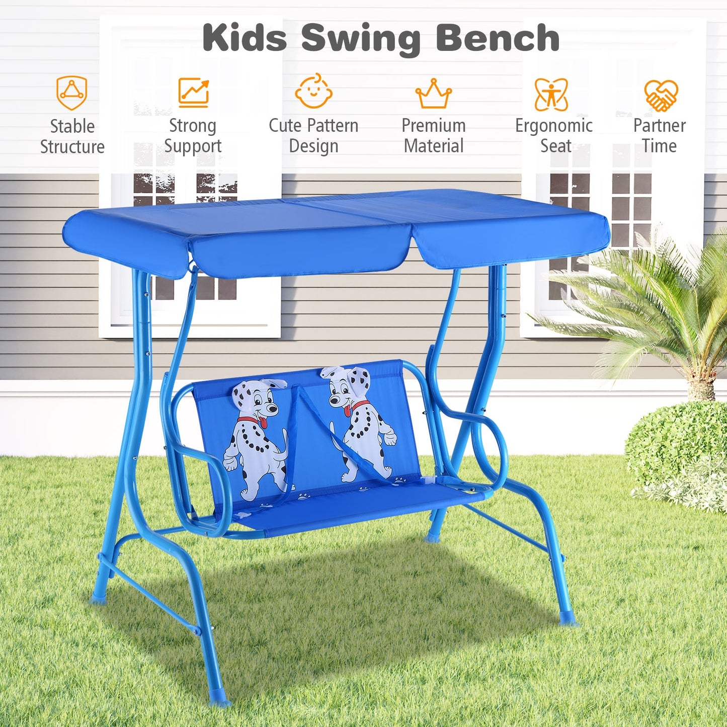 Outdoor Kids Patio Swing Bench with Canopy 2 Seats Kids Crystal