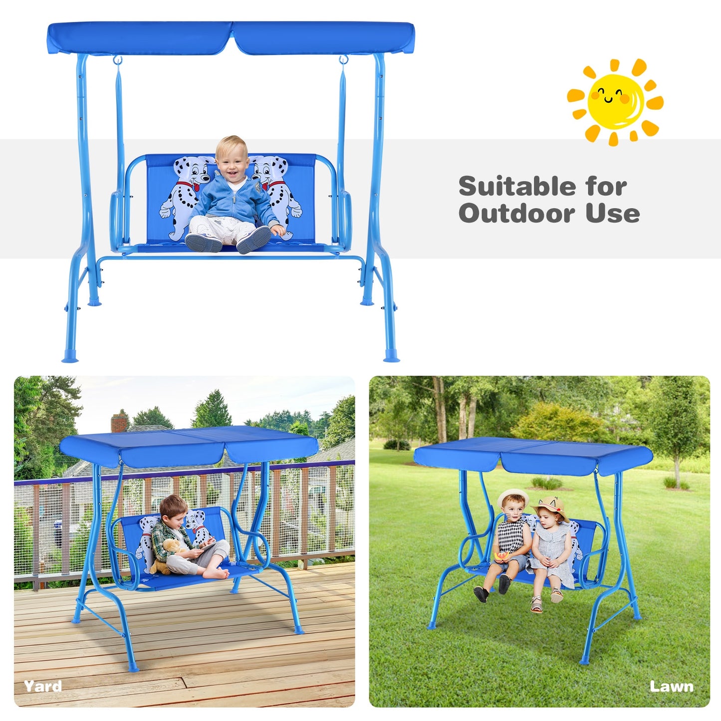 Outdoor Kids Patio Swing Bench with Canopy 2 Seats Kids Crystal