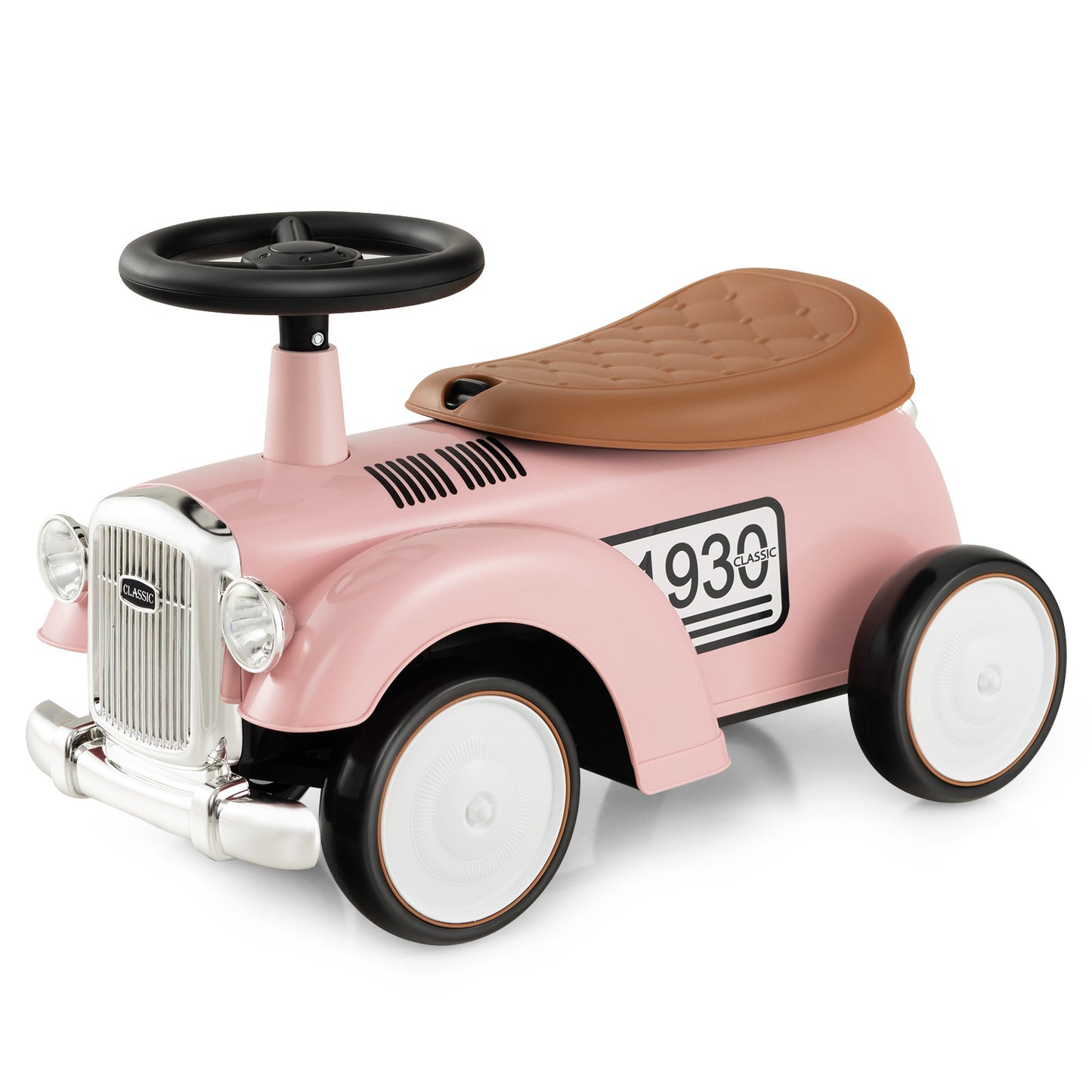 Kids Sit to Stand Vehicle with Working Steering Wheel and Under Seat Storage-Pink Kids Crystal