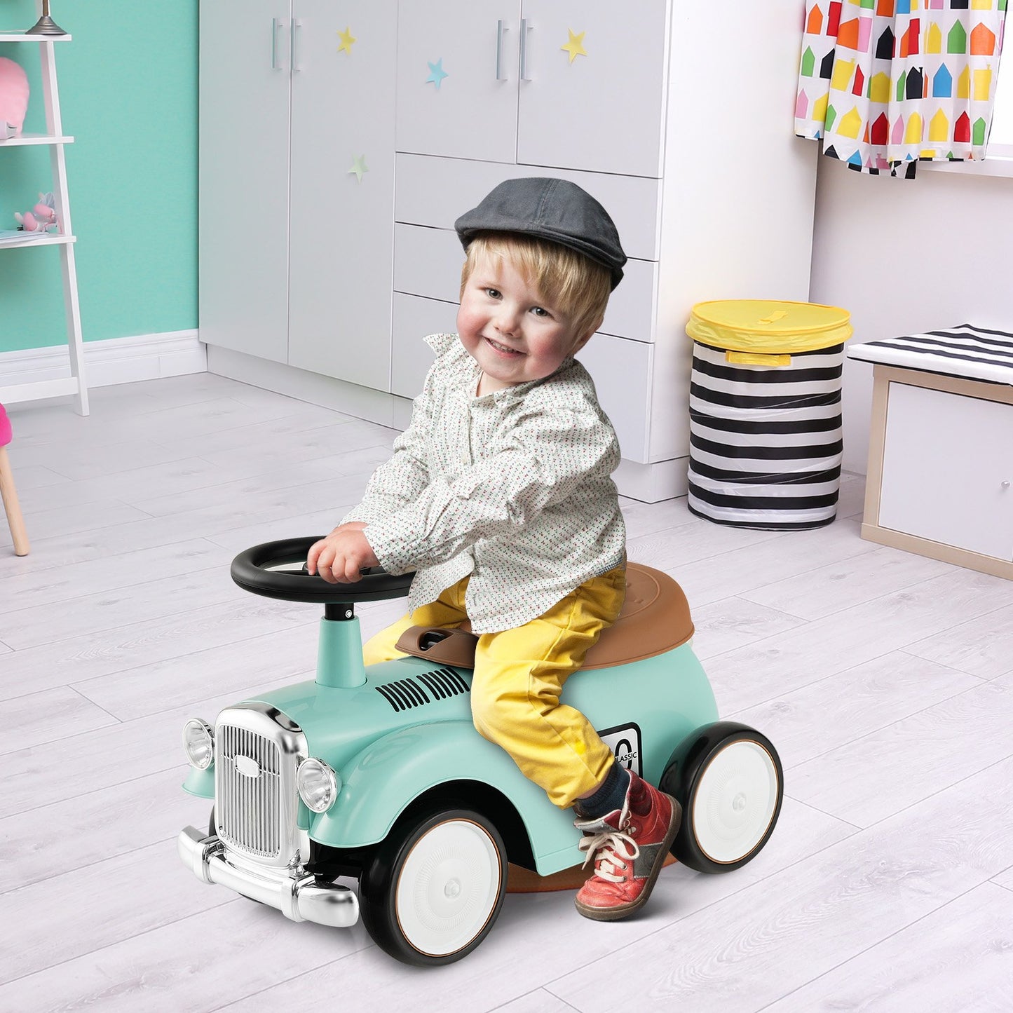 Kids Sit to Stand Vehicle with Working Steering Wheel and Under Seat Storage-Green Kids Crystal