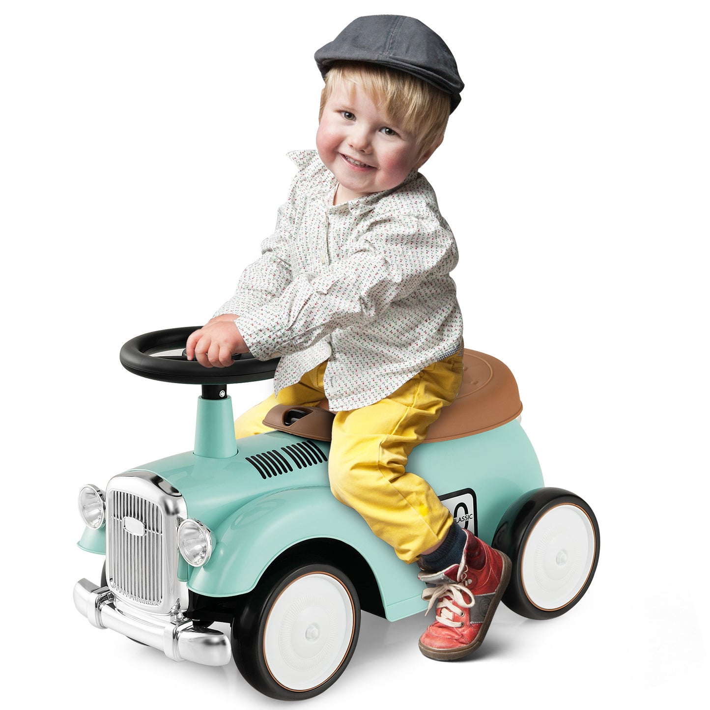 Kids Sit to Stand Vehicle with Working Steering Wheel and Under Seat Storage-Green Kids Crystal