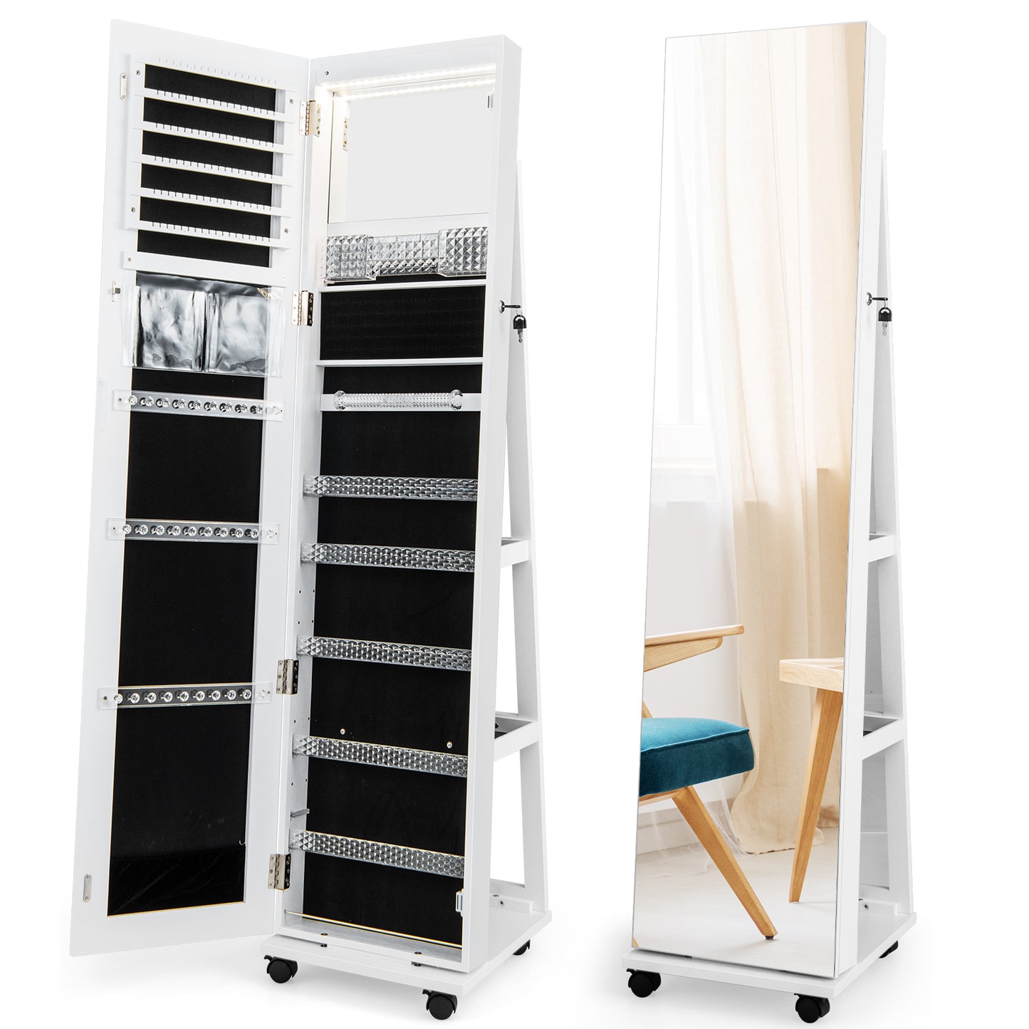 64 Inches Lockable Jewelry Cabinet Armoire with Built-in Makeup Mirror-White Kids Crystal