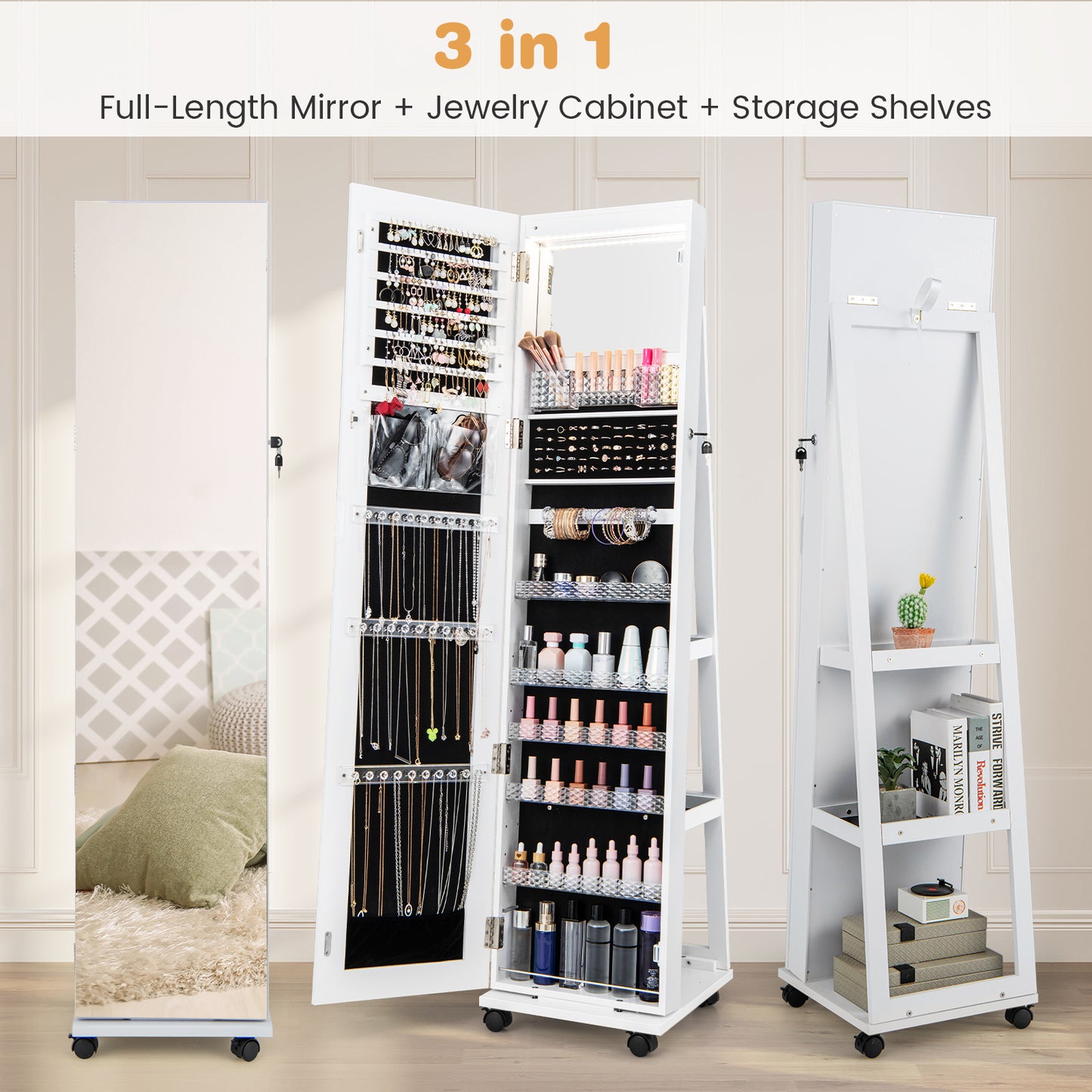 64 Inches Lockable Jewelry Cabinet Armoire with Built-in Makeup Mirror-White Kids Crystal