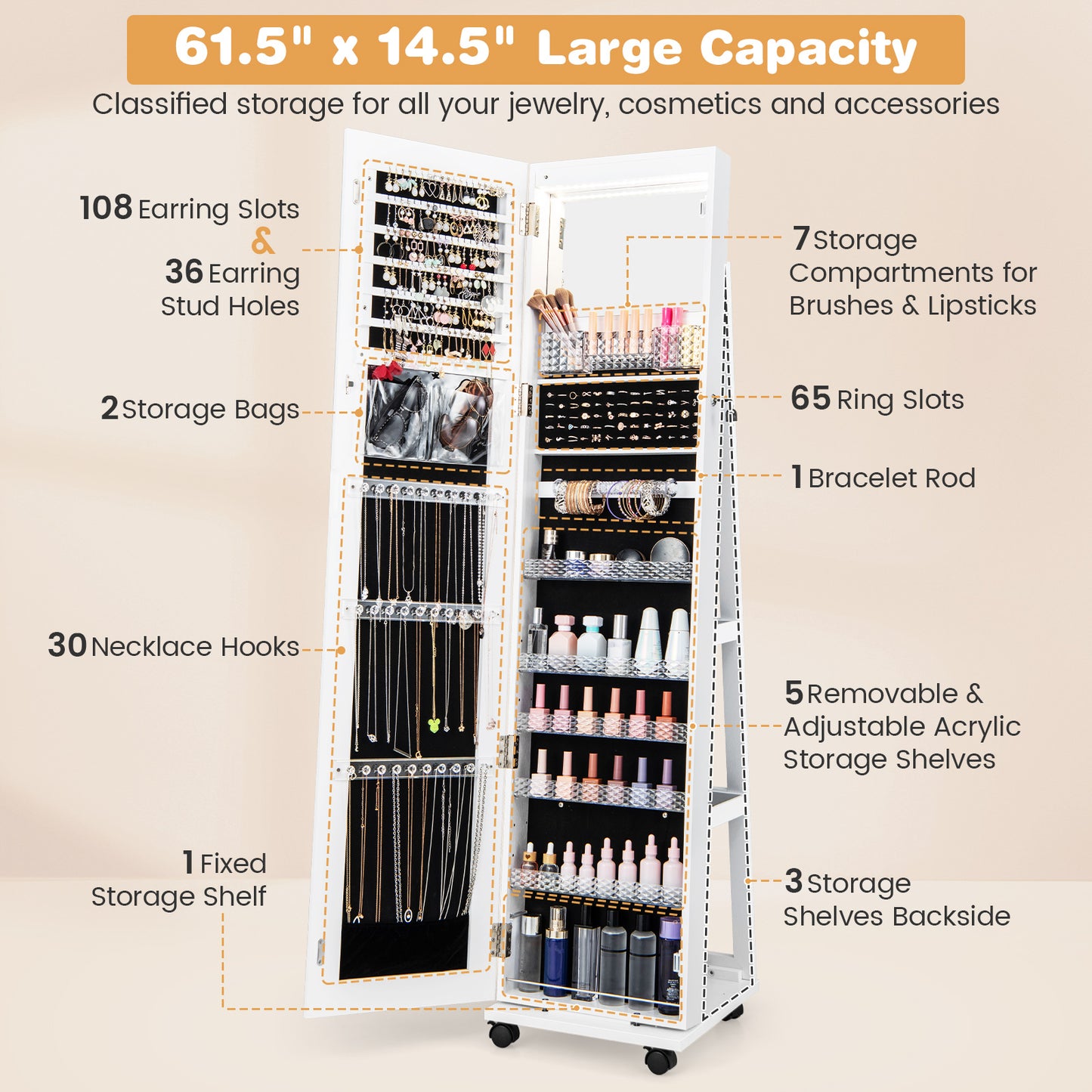 64 Inches Lockable Jewelry Cabinet Armoire with Built-in Makeup Mirror-White Kids Crystal