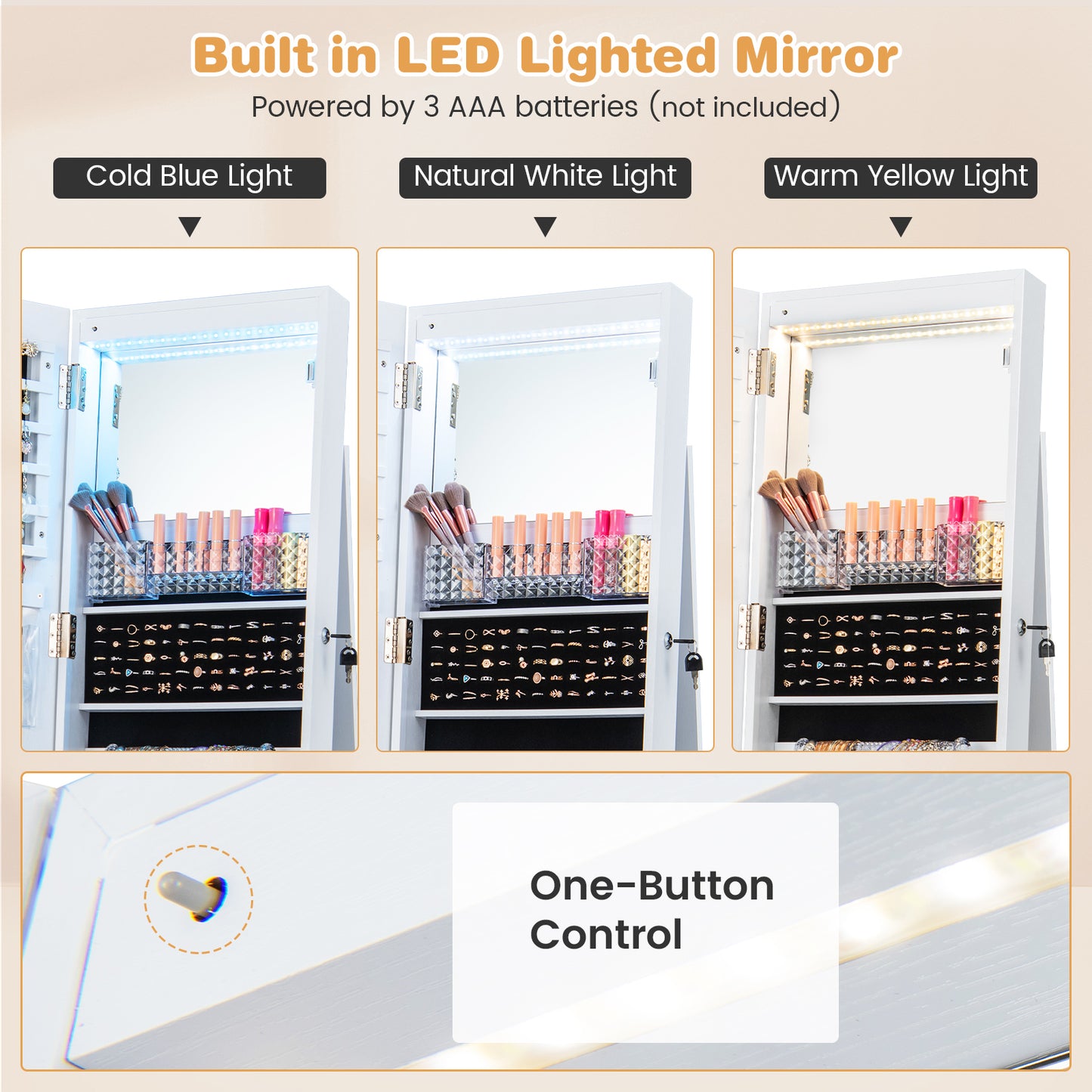 64 Inches Lockable Jewelry Cabinet Armoire with Built-in Makeup Mirror-White Kids Crystal