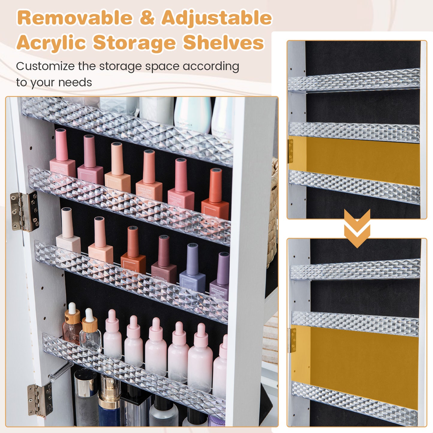 64 Inches Lockable Jewelry Cabinet Armoire with Built-in Makeup Mirror-White Kids Crystal