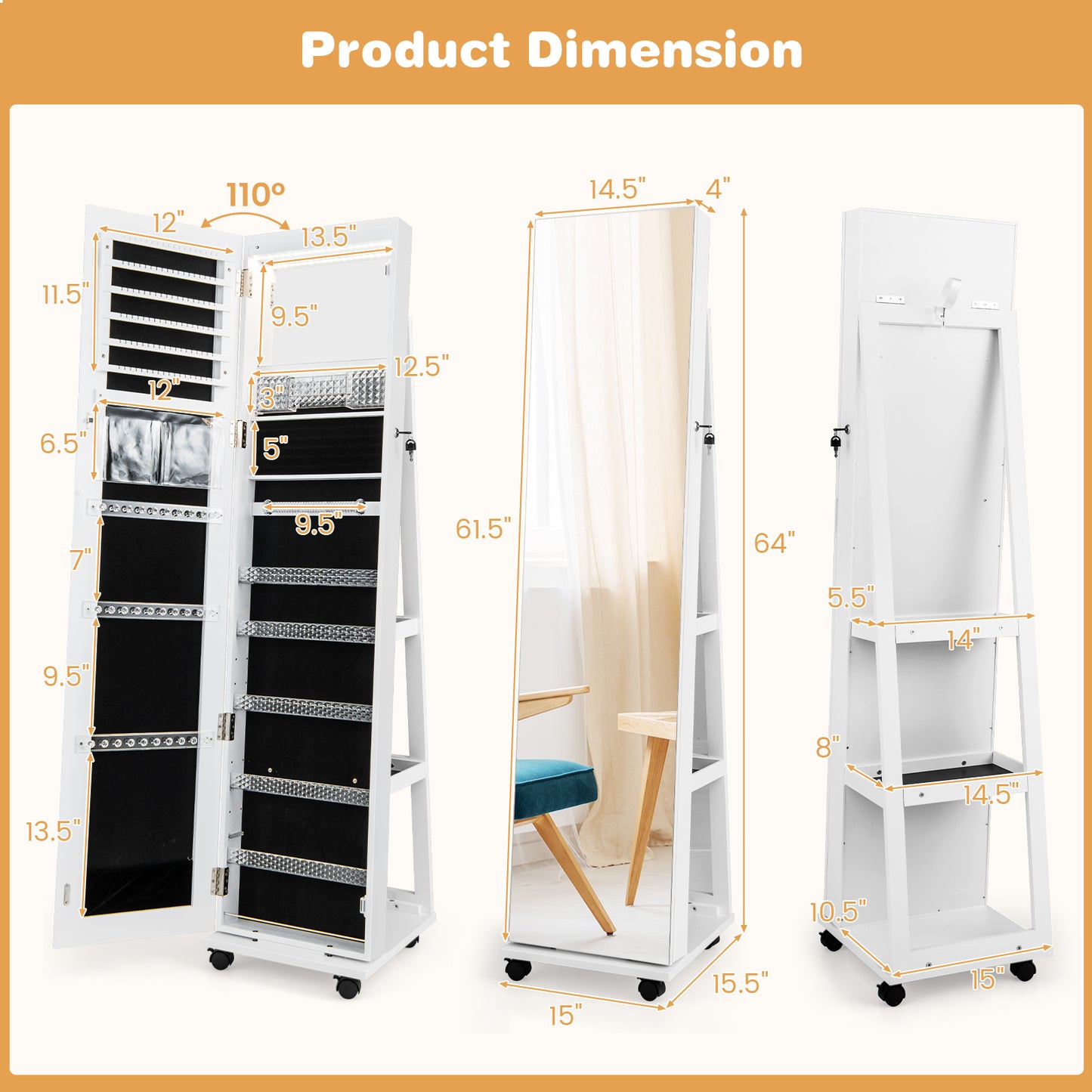 64 Inches Lockable Jewelry Cabinet Armoire with Built-in Makeup Mirror-White Kids Crystal