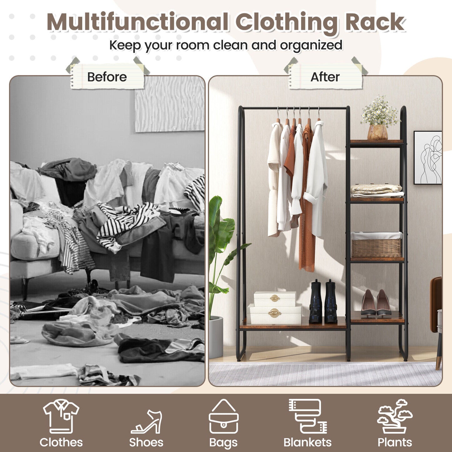 Clothes Rack Free Standing Storage Tower with Metal Frame Kids Crystal