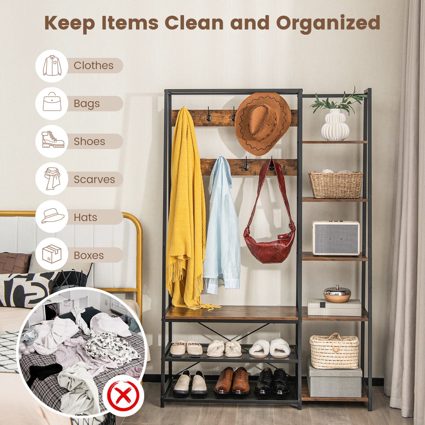 5-in-1 Entryway Hall Tree with Storage Bench with 9 Hooks-Rustic Brown Kids Crystal