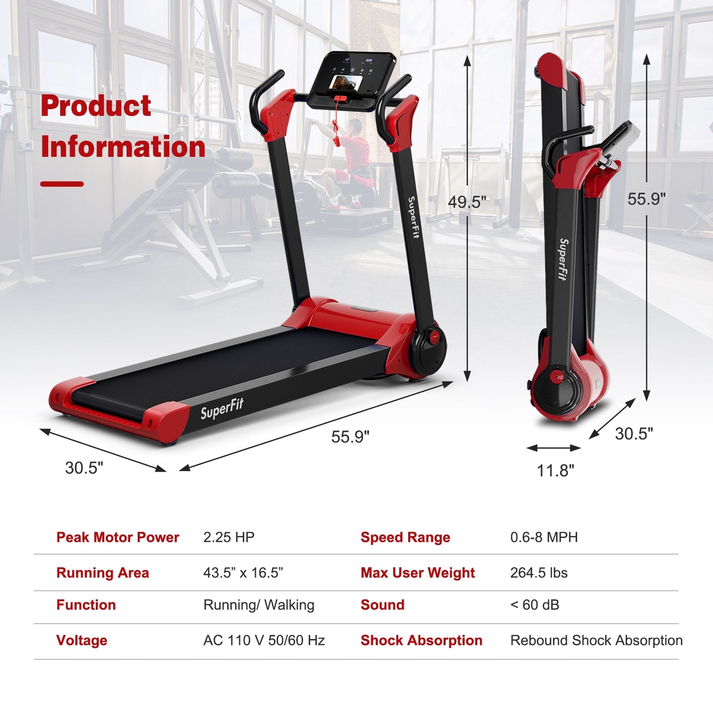2.25 HP Electric Motorized Folding Running Treadmill Machine with LED Display and APP Control-Red Kids Crystal
