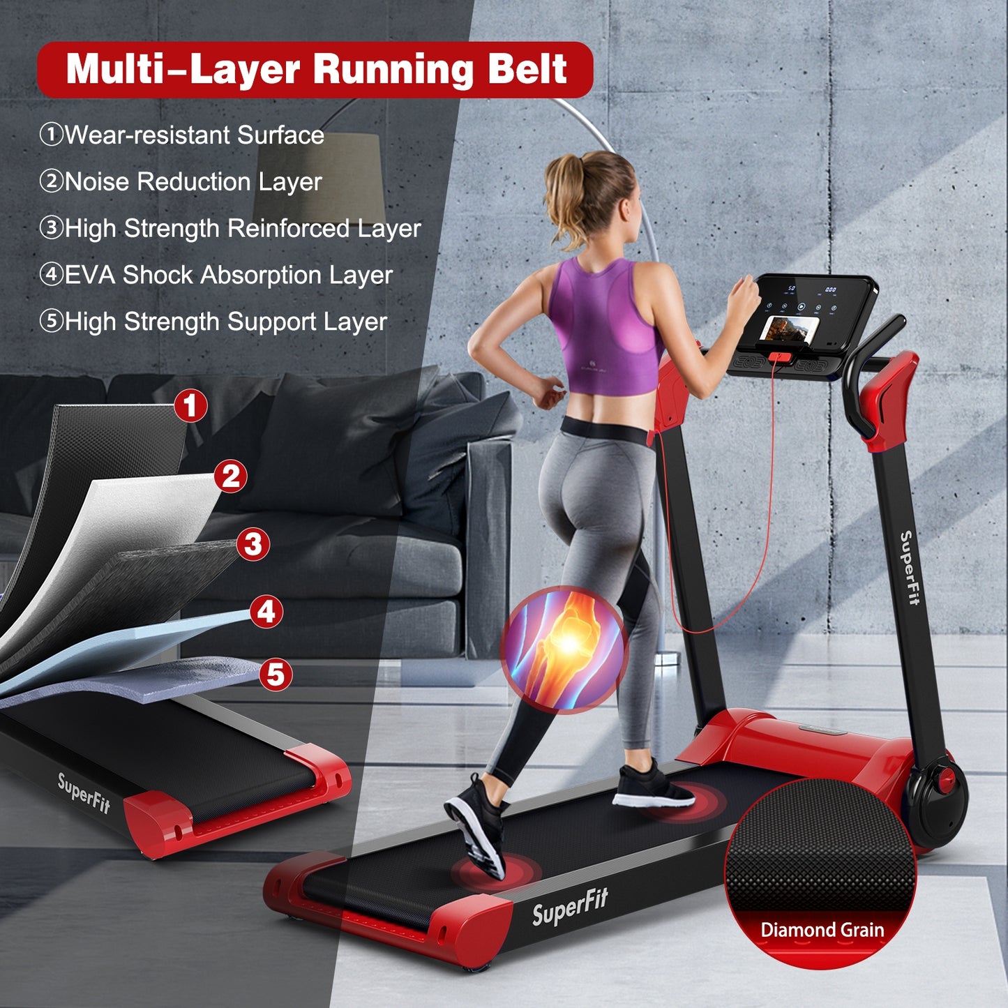2.25 HP Electric Motorized Folding Running Treadmill Machine with LED Display and APP Control-Red Kids Crystal