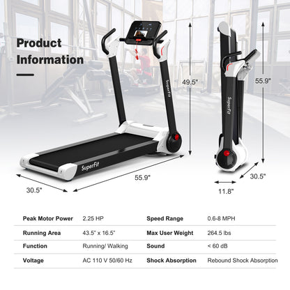 2.25 HP Electric Motorized Folding Running Treadmill Machine with LED Display and APP Control-White