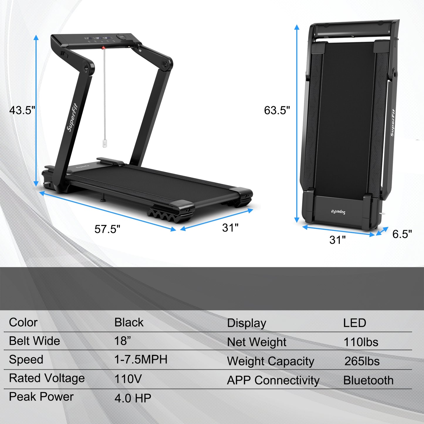 4.0HP Foldable Electric Treadmill Jogging Machine with Speaker LED-Black Kids Crystal