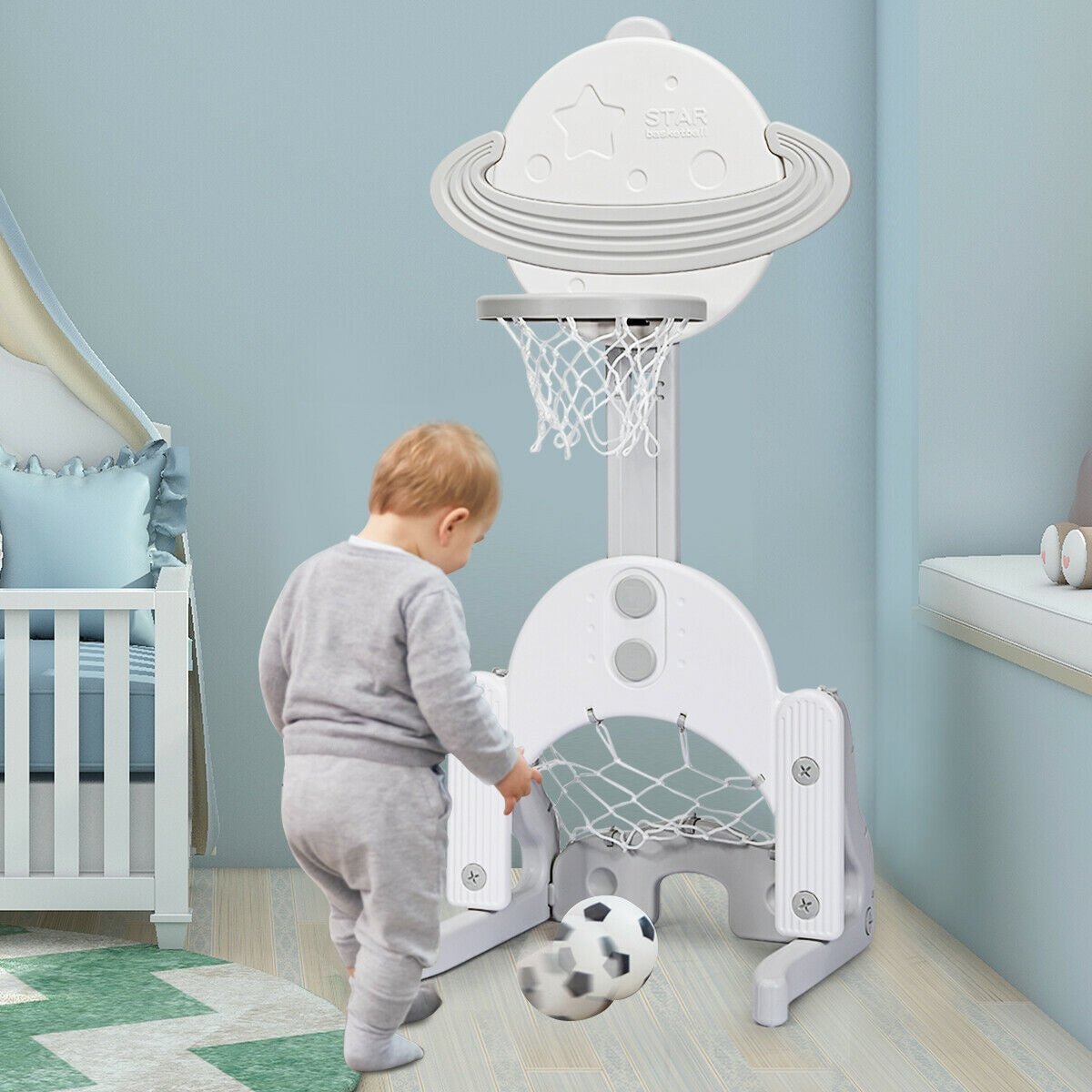 3 in 1 Kids Basketball Hoop Set with Balls-White Kids Crystal