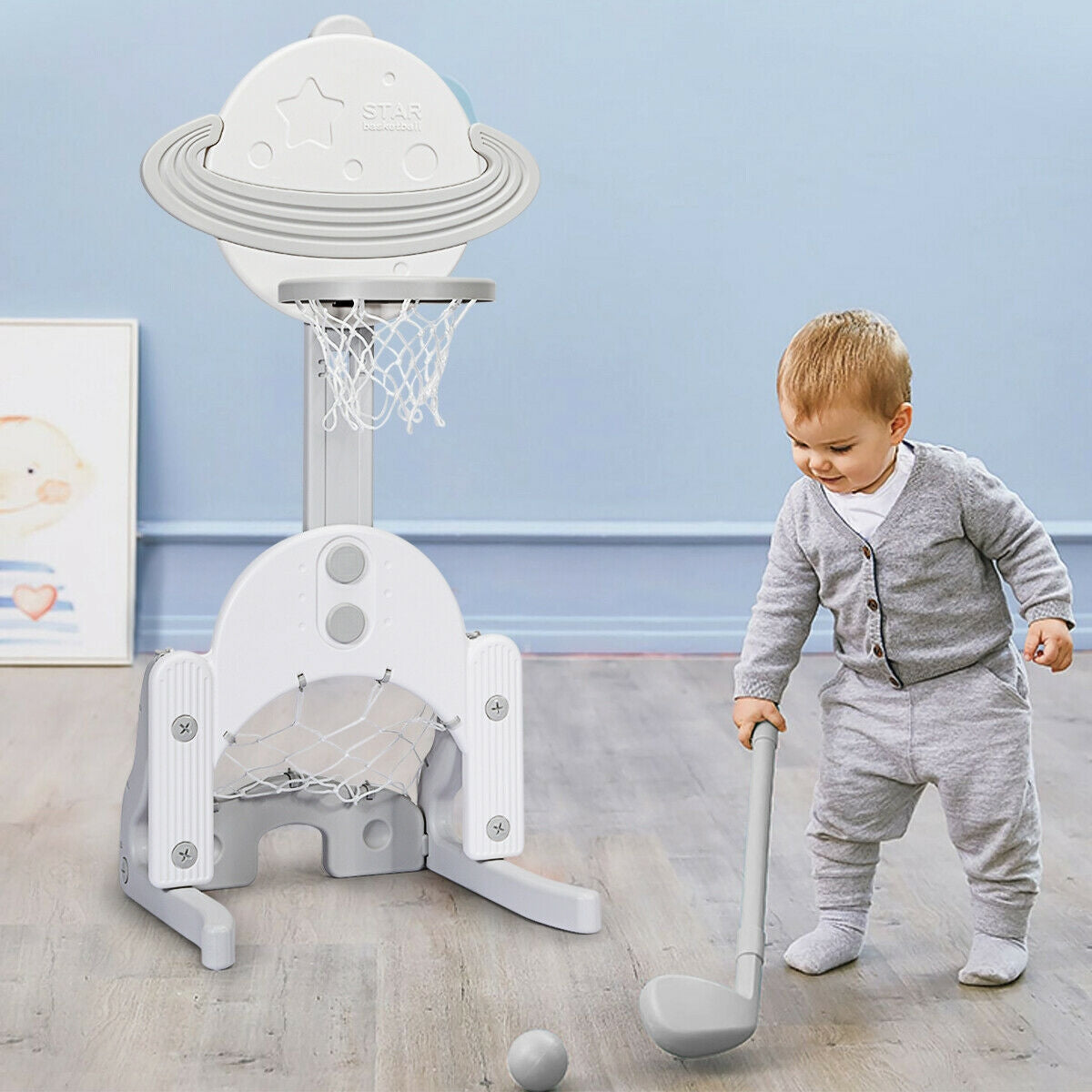 3 in 1 Kids Basketball Hoop Set with Balls-White Kids Crystal