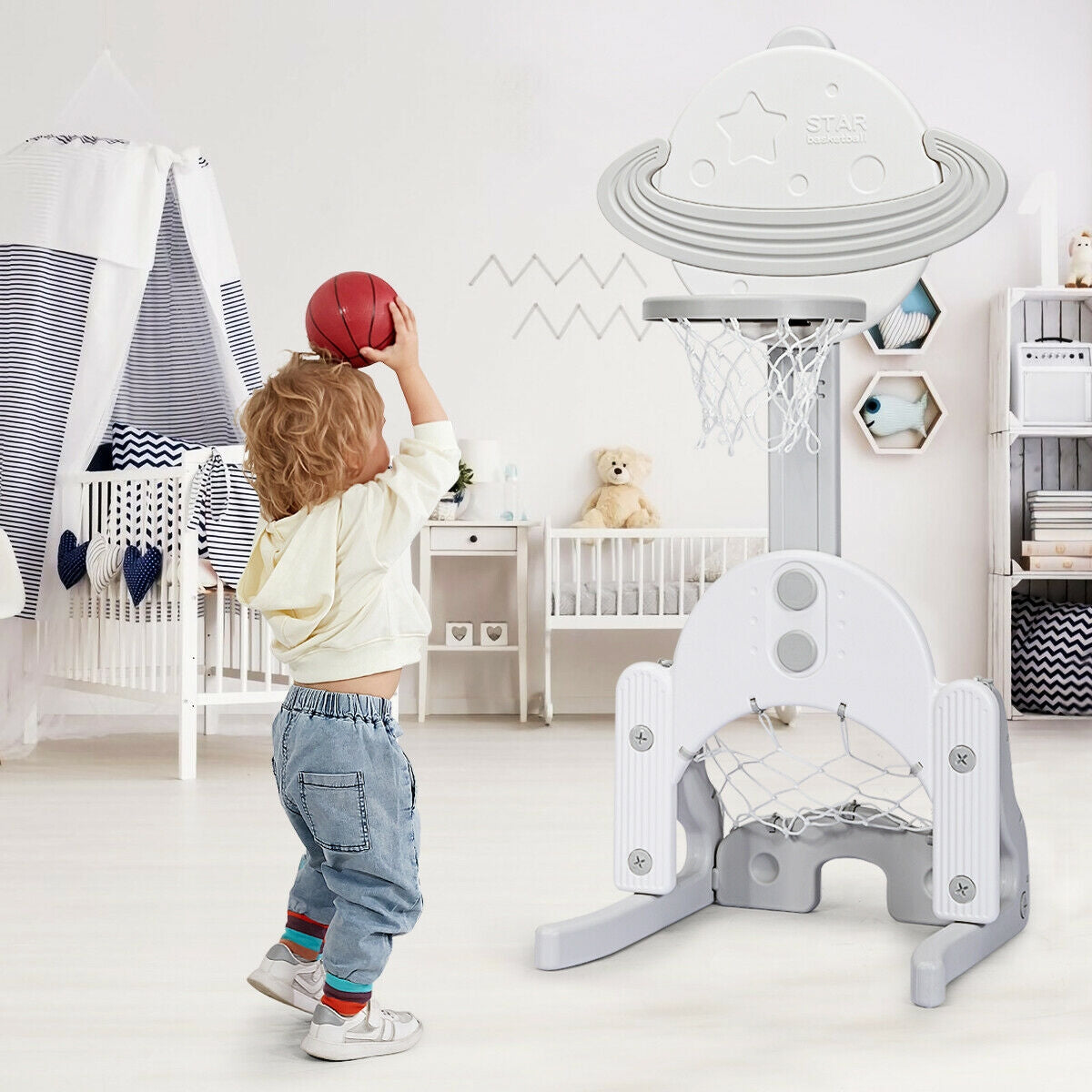 3 in 1 Kids Basketball Hoop Set with Balls-White Kids Crystal
