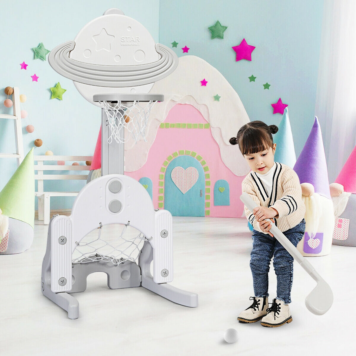 3 in 1 Kids Basketball Hoop Set with Balls-White Kids Crystal