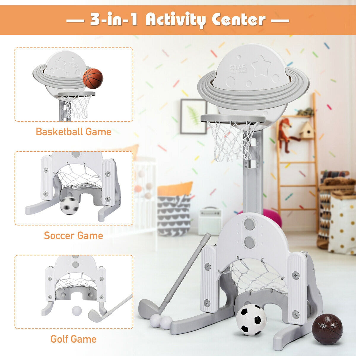 3 in 1 Kids Basketball Hoop Set with Balls-White Kids Crystal