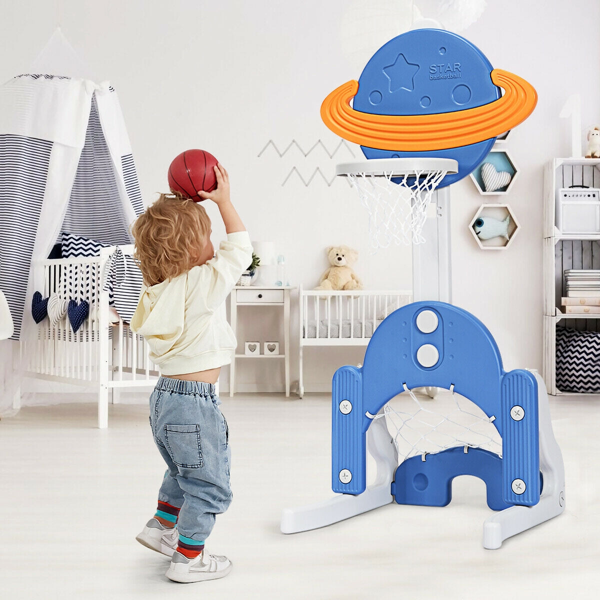 3 in 1 Kids Basketball Hoop Set with Balls-Blue Kids Crystal