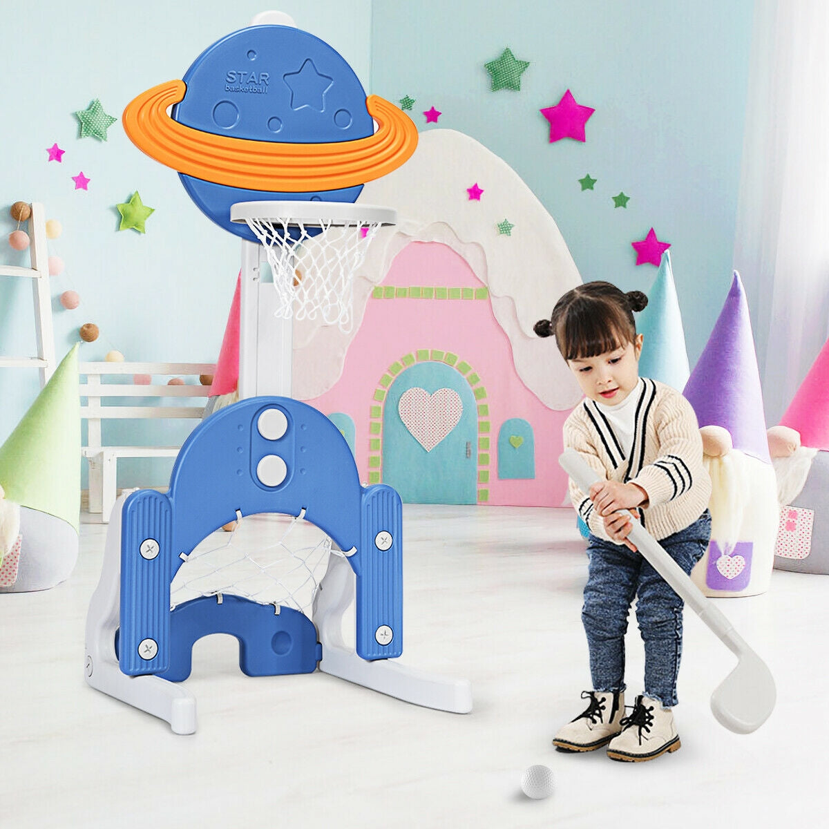 3 in 1 Kids Basketball Hoop Set with Balls-Blue Kids Crystal