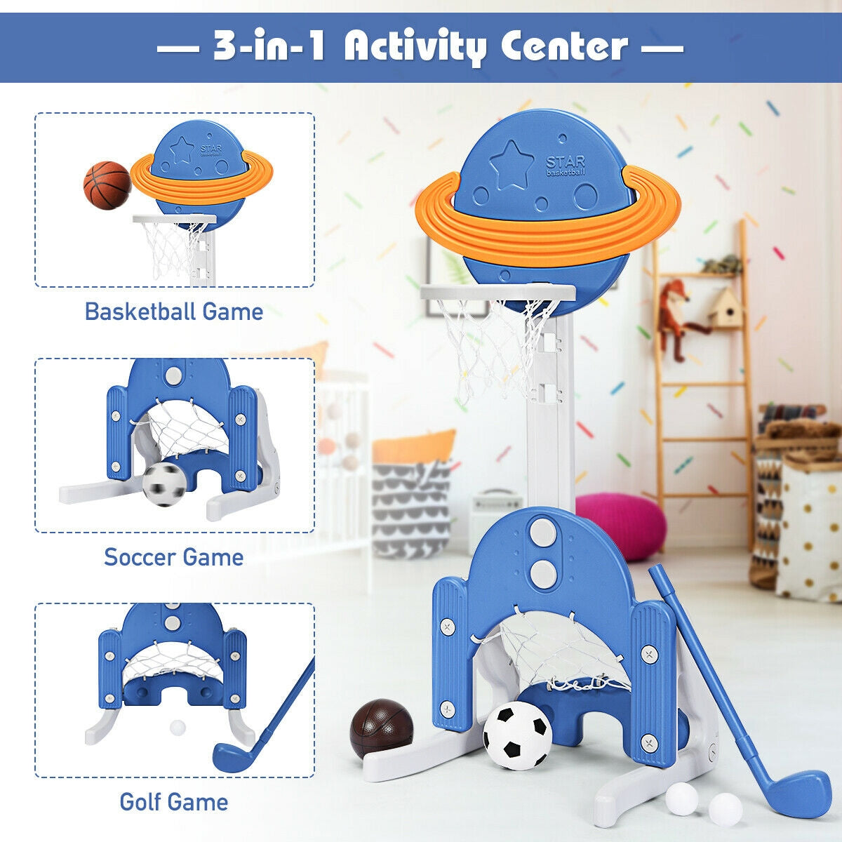3 in 1 Kids Basketball Hoop Set with Balls-Blue Kids Crystal