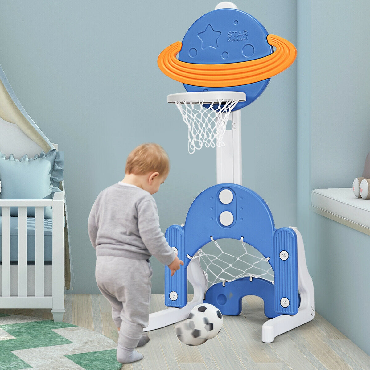 3 in 1 Kids Basketball Hoop Set with Balls-Blue Kids Crystal