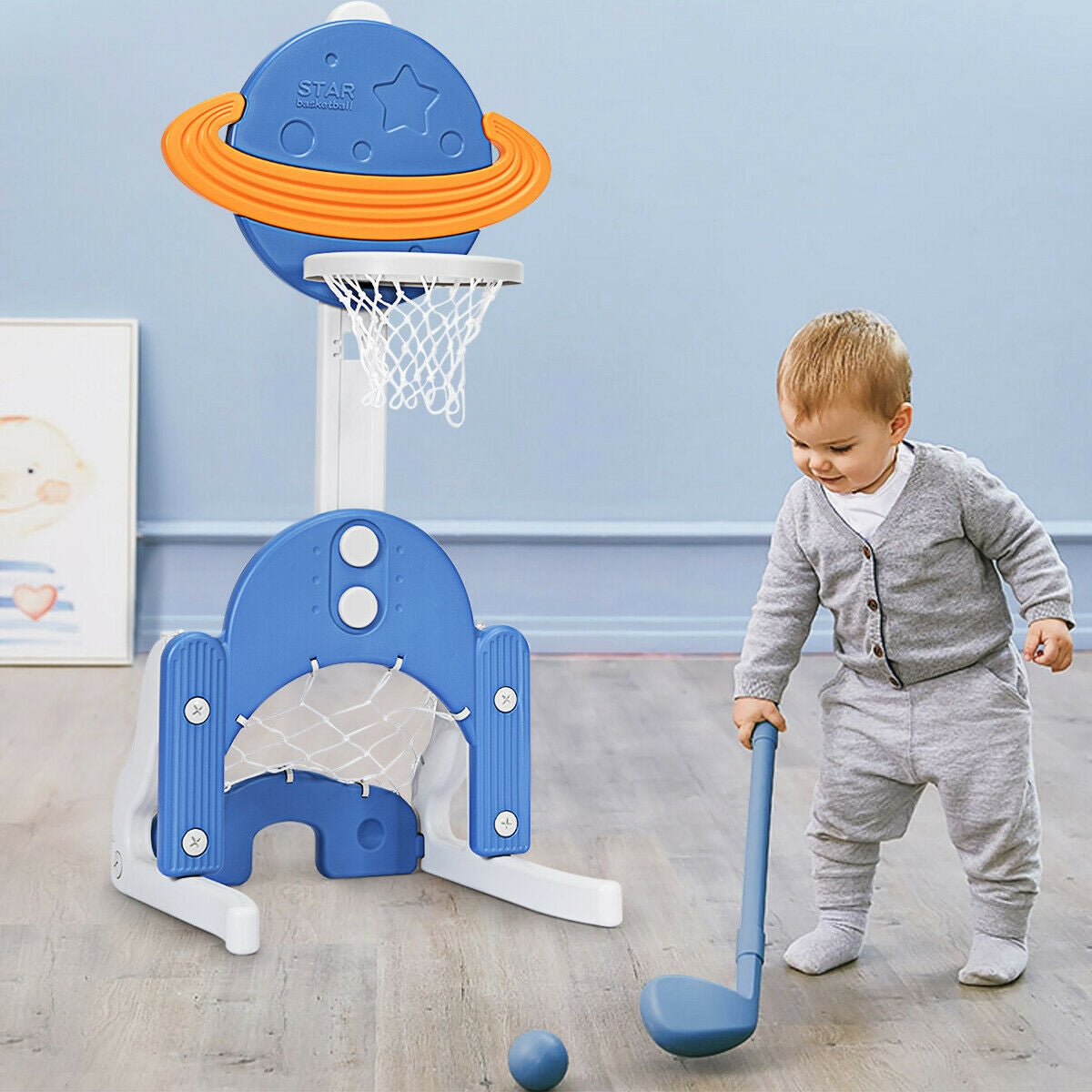 3 in 1 Kids Basketball Hoop Set with Balls-Blue Kids Crystal