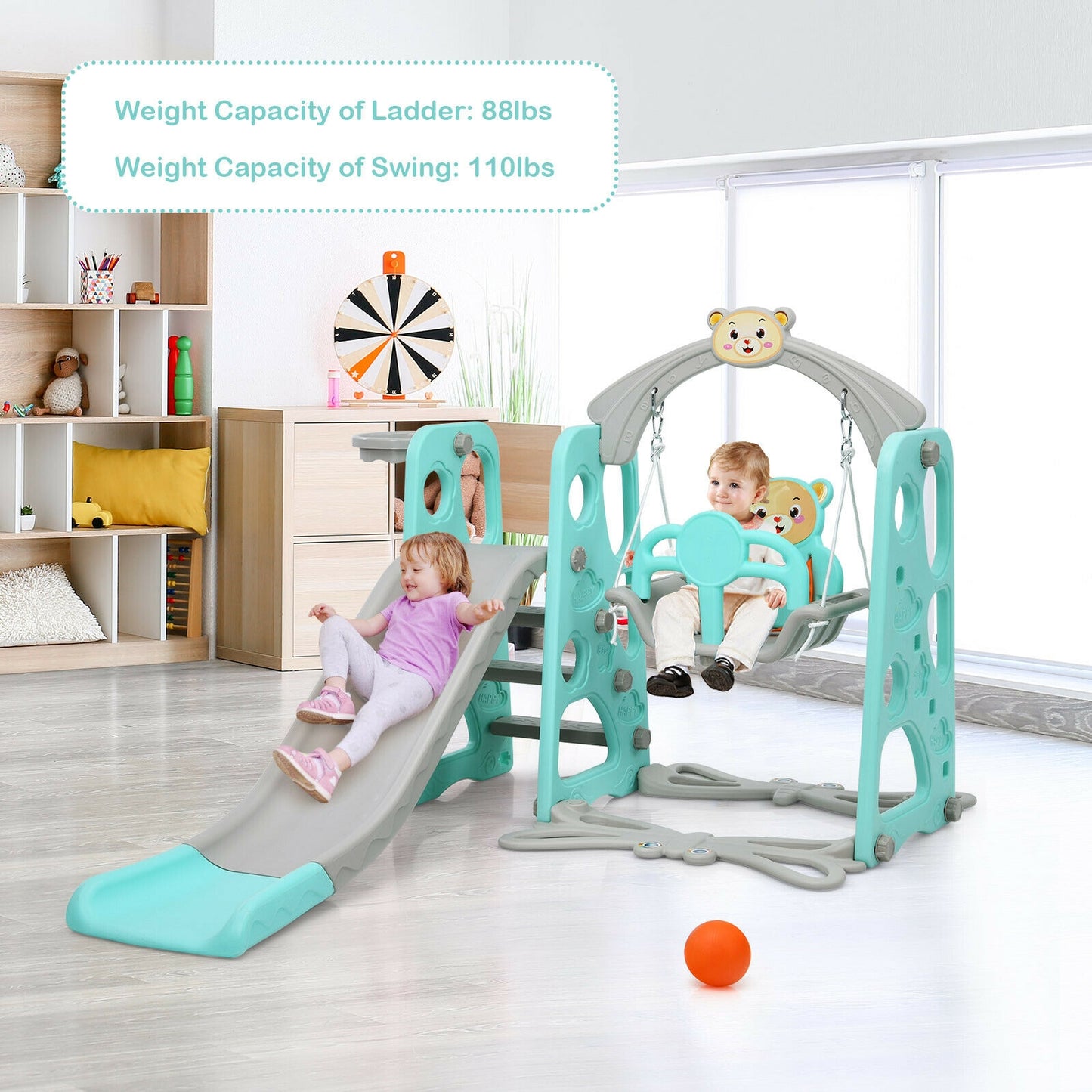 3 in 1 Toddler Climber and Swing Set Slide Playset-Green Kids Crystal