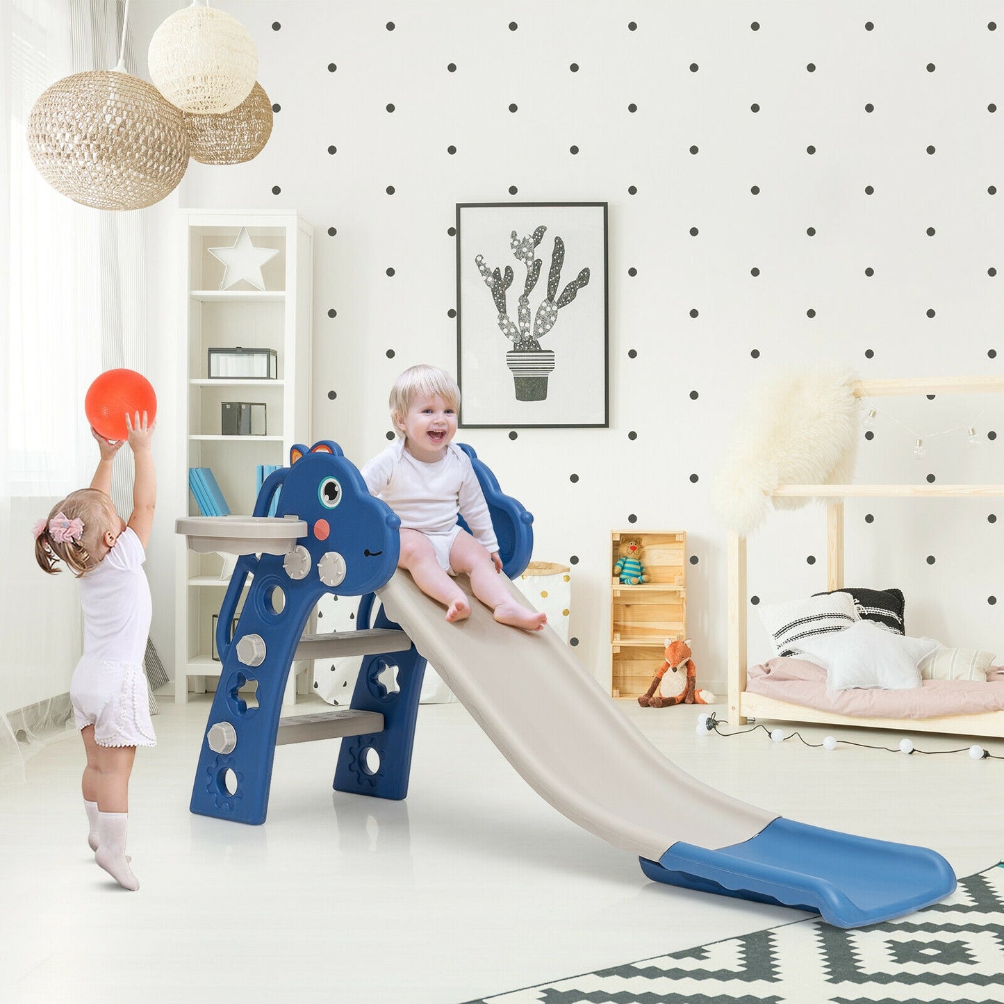 3-in-1 Kids Slide Baby Play Climber Slide Set with Basketball Hoop -Blue Kids Crystal