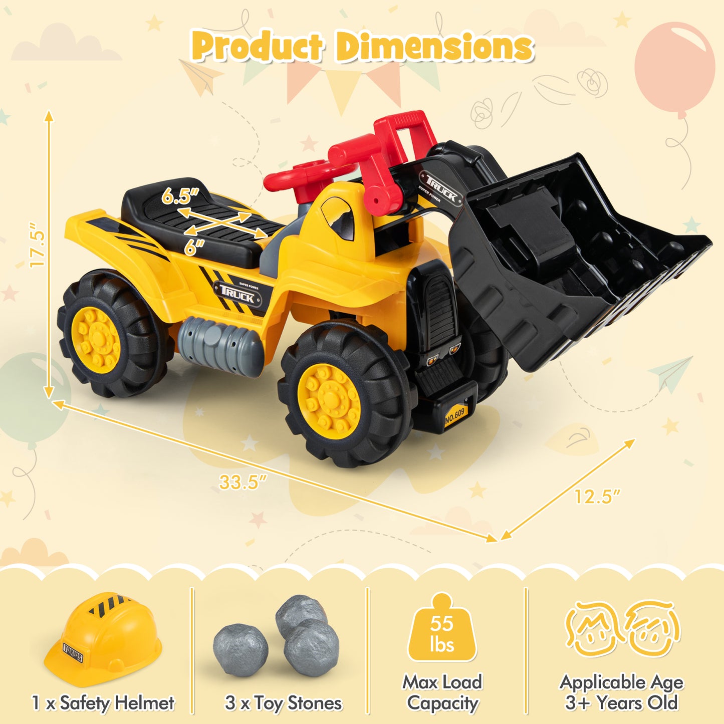 Kids Ride On Bulldozer Toy Play Truck with Adjustable Bucket Aged 3+ Years Old Kids Crystal