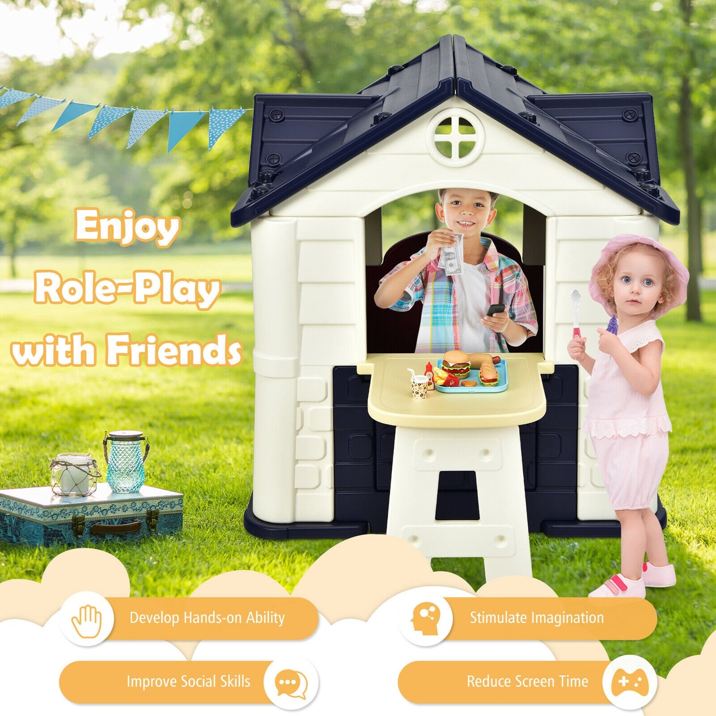 Kid’s Playhouse Pretend Toy House For Boys and Girls 7 Pieces Toy Set-Blue Kids Crystal