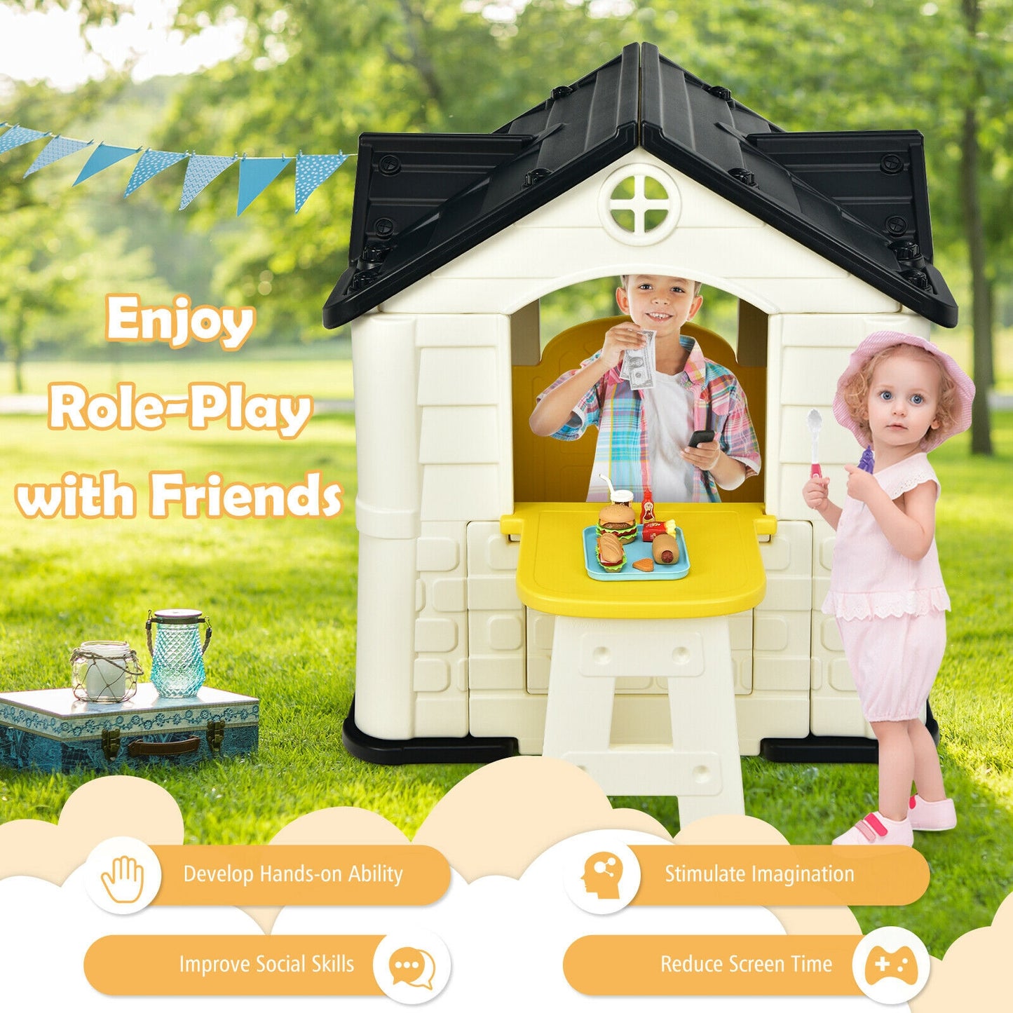 Kid’s Playhouse Pretend Toy House For Boys and Girls 7 Pieces Toy Set-Yellow Kids Crystal