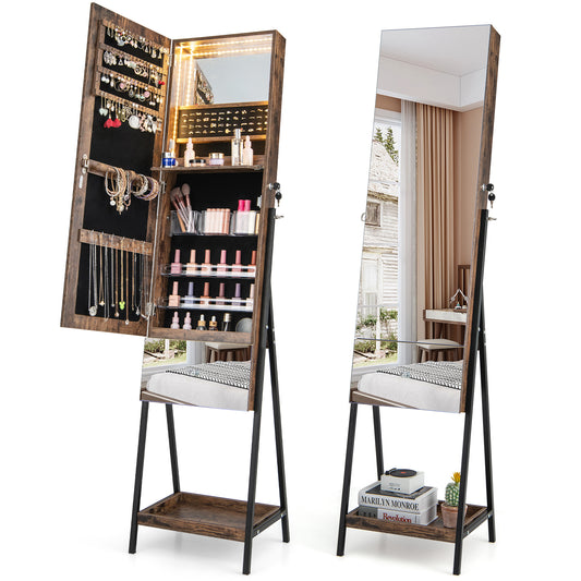 Lockable Freestanding Jewelry Organizer with Full-Length Frameless Mirror-Rustic Brown Kids Crystal