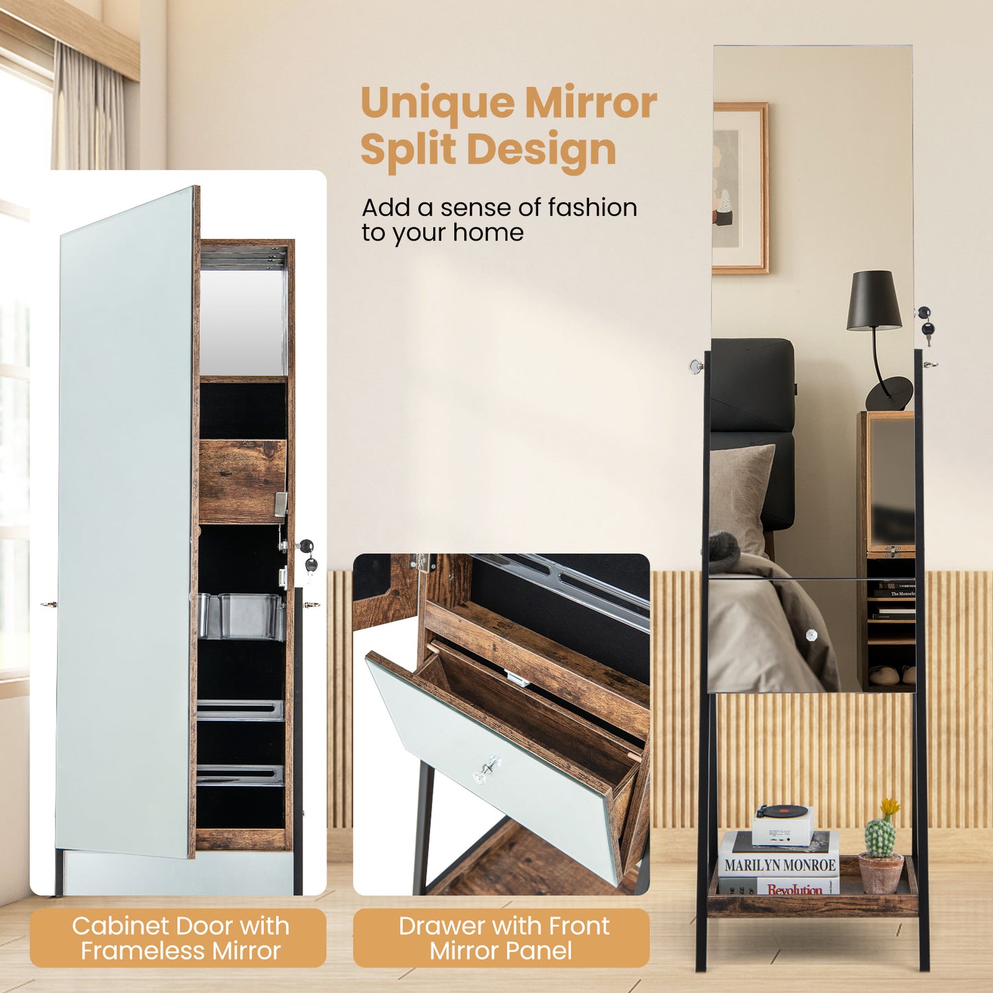 Lockable Freestanding Jewelry Organizer with Full-Length Frameless Mirror-Rustic Brown Kids Crystal