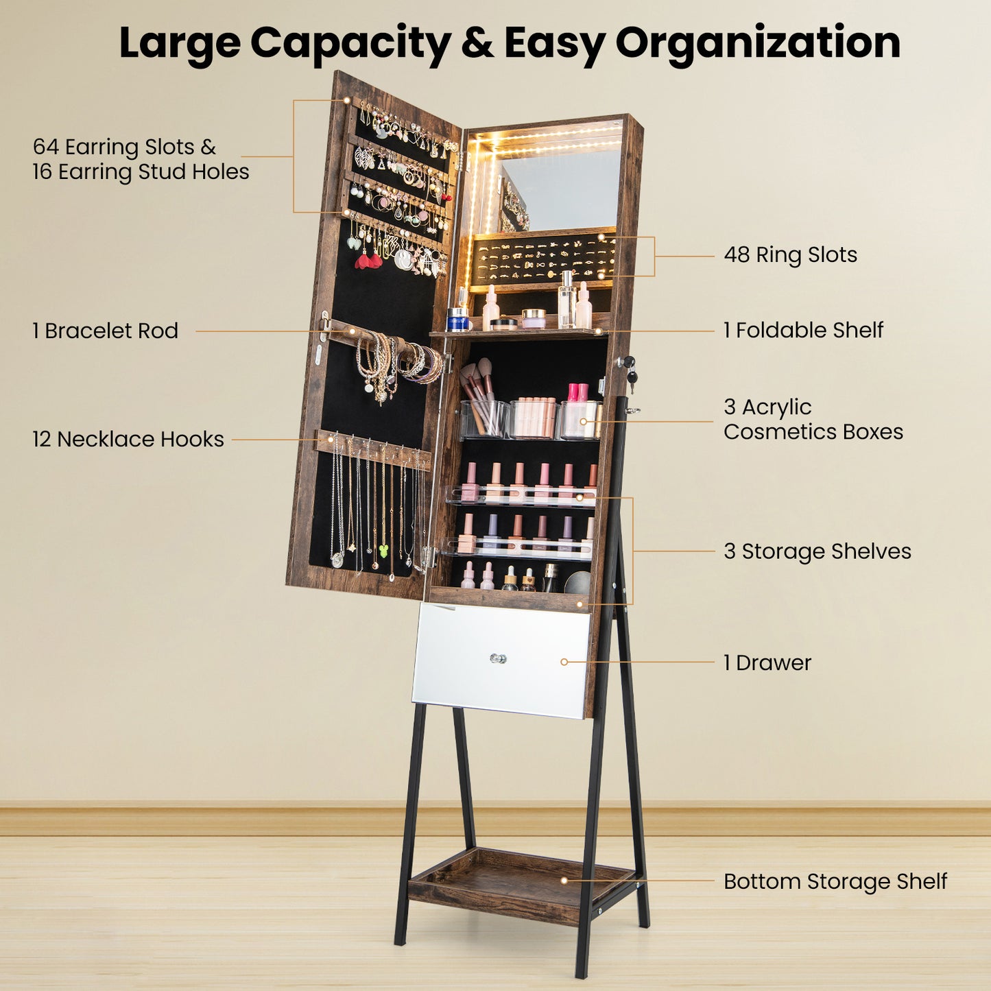 Lockable Freestanding Jewelry Organizer with Full-Length Frameless Mirror-Rustic Brown Kids Crystal