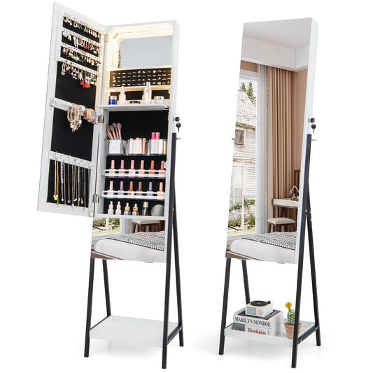 Lockable Freestanding Jewelry Organizer with Full-Length Frameless Mirror-White Kids Crystal