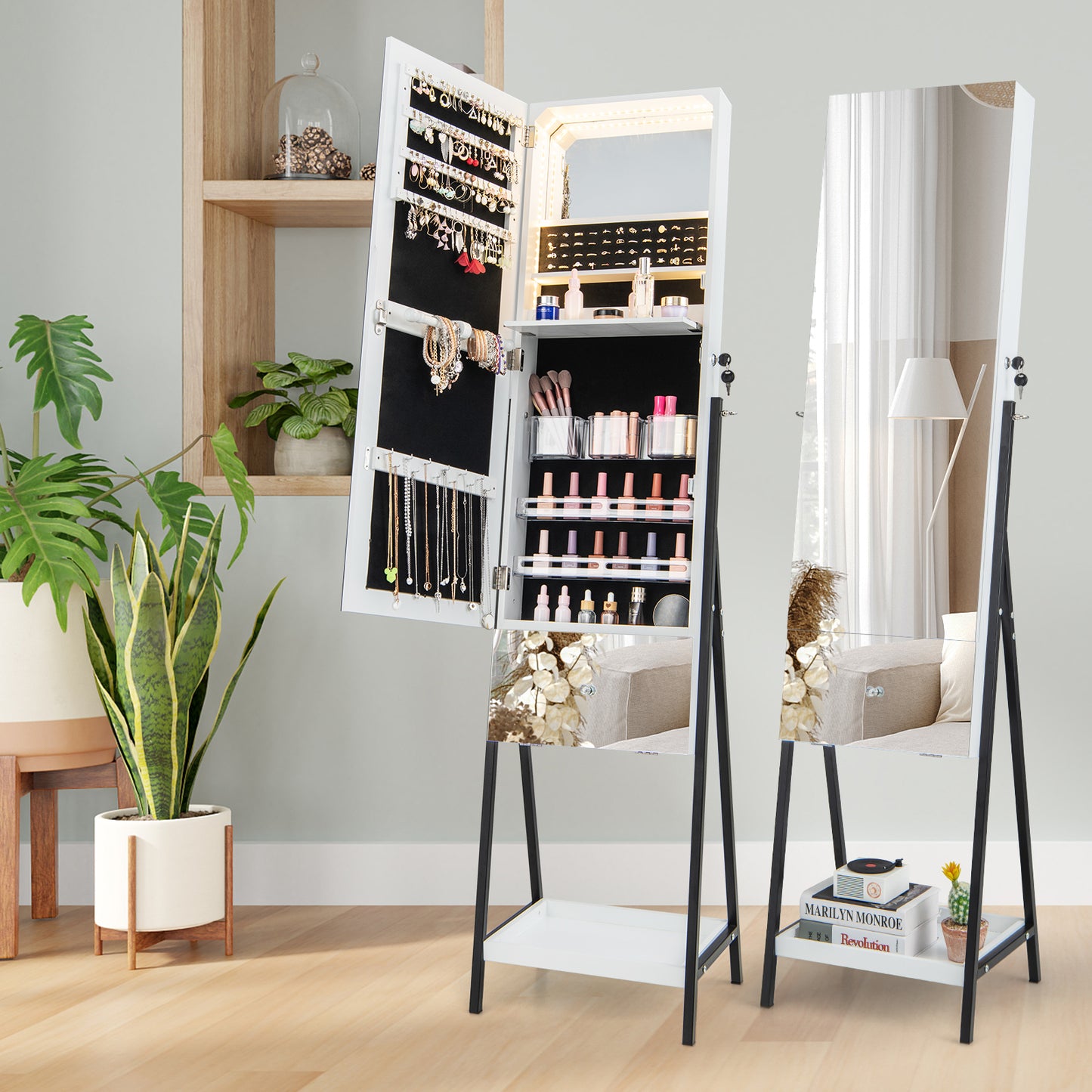 Lockable Freestanding Jewelry Organizer with Full-Length Frameless Mirror-White Kids Crystal