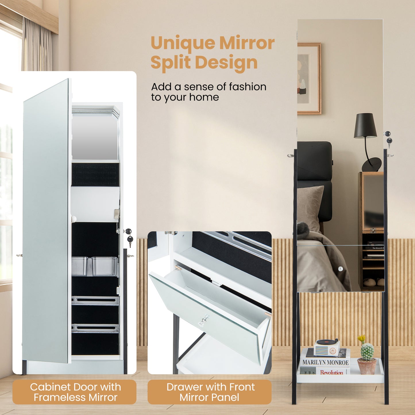 Lockable Freestanding Jewelry Organizer with Full-Length Frameless Mirror-White Kids Crystal