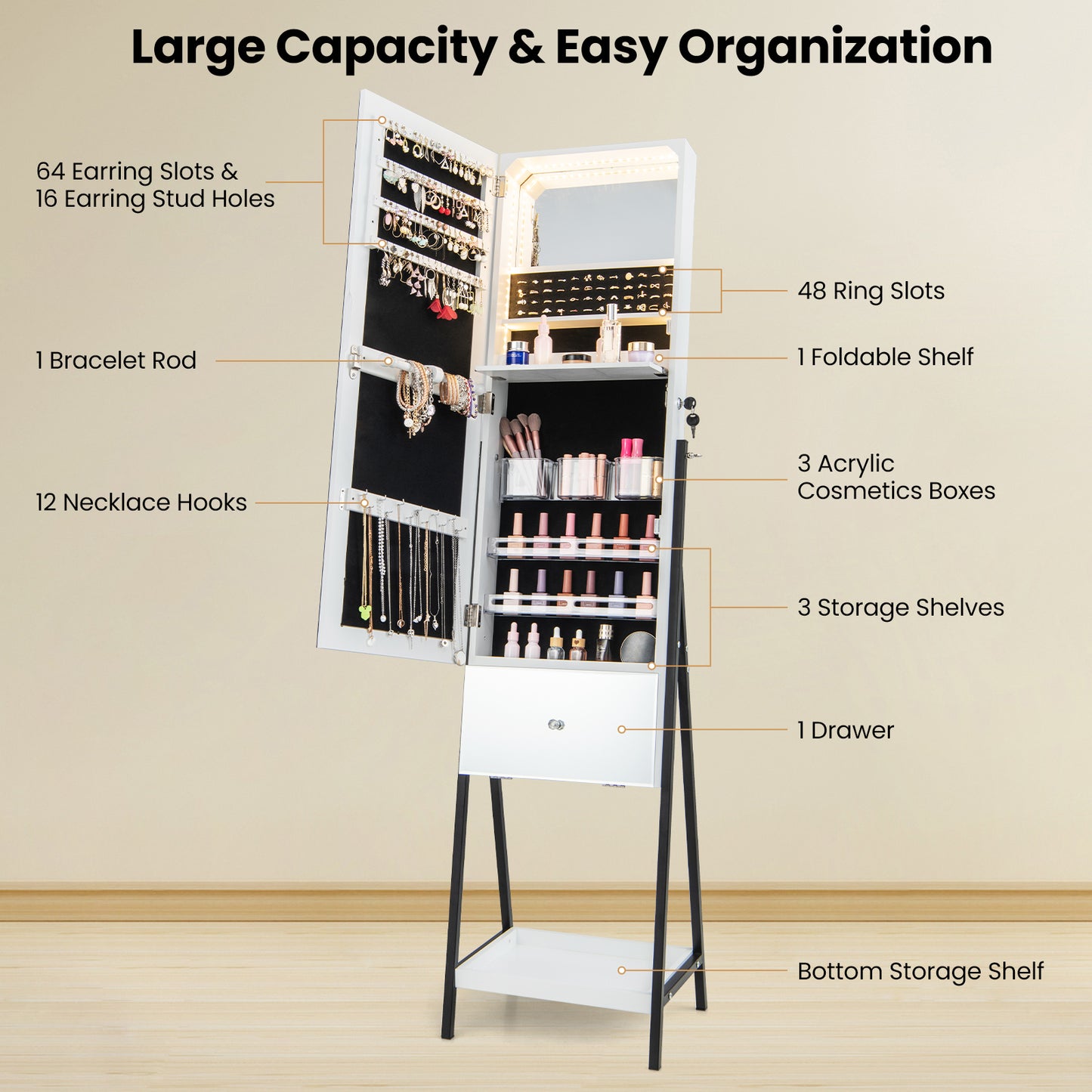 Lockable Freestanding Jewelry Organizer with Full-Length Frameless Mirror-White Kids Crystal