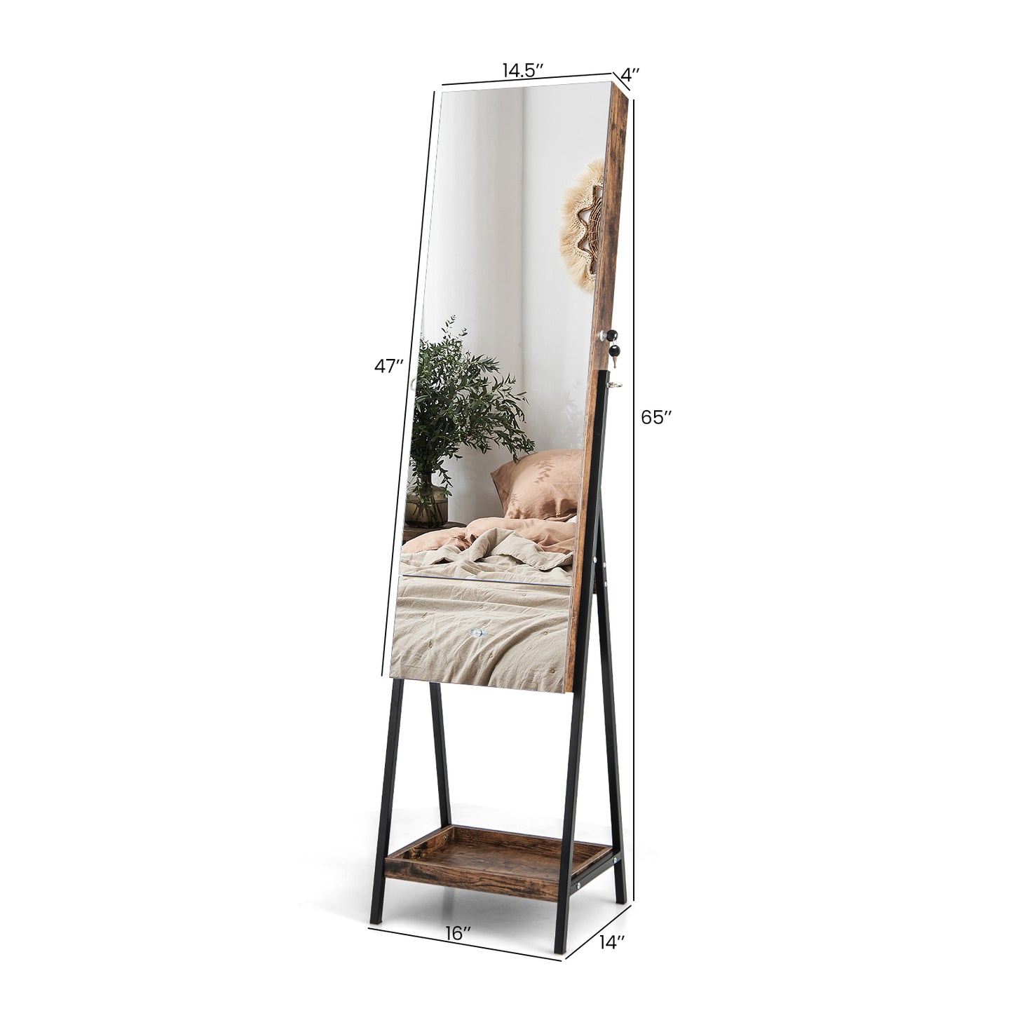 Lockable Freestanding Jewelry Organizer with Full-Length Frameless Mirror-White Kids Crystal